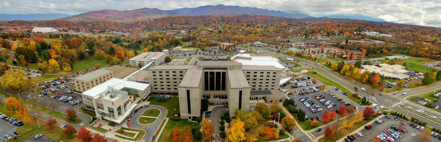 Johnson City Medical Center in Johnson City, Tennessee, photographed from above with the Appalachian Mountains behind the hospital
