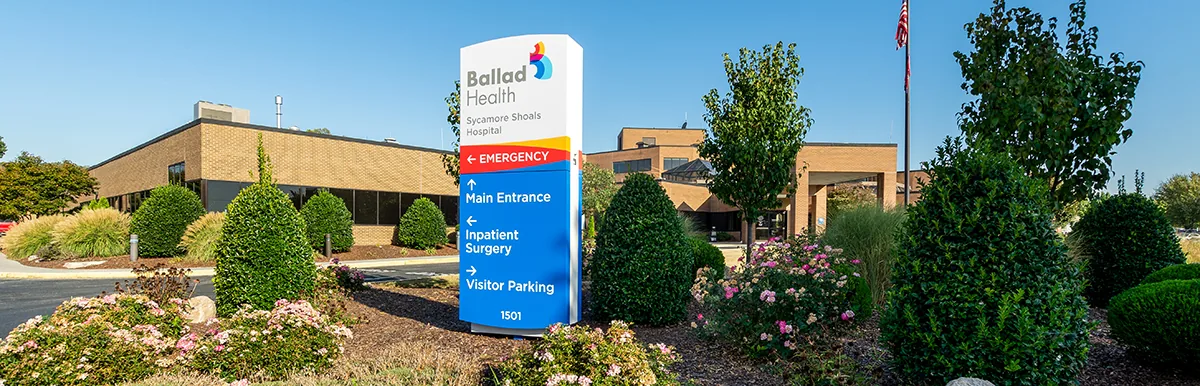 Sycamore Shoals Hospital in Elizabethton, Tennessee, with its Ballad Health entrance sign and landscaped grounds