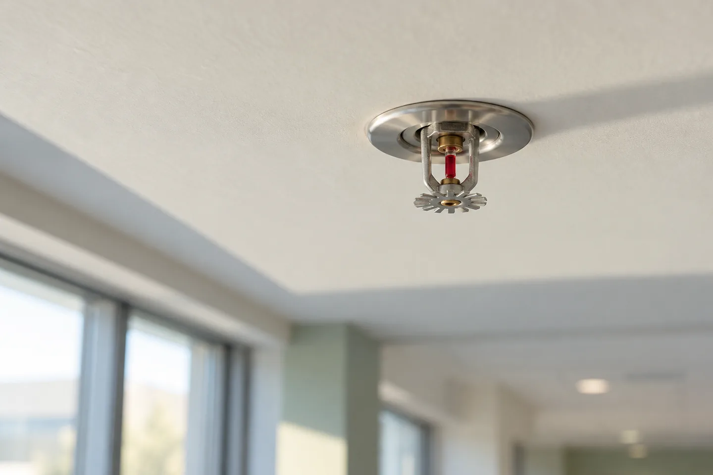 A ceiling-mounted fire sprinkler in soft daylight above a hospital window