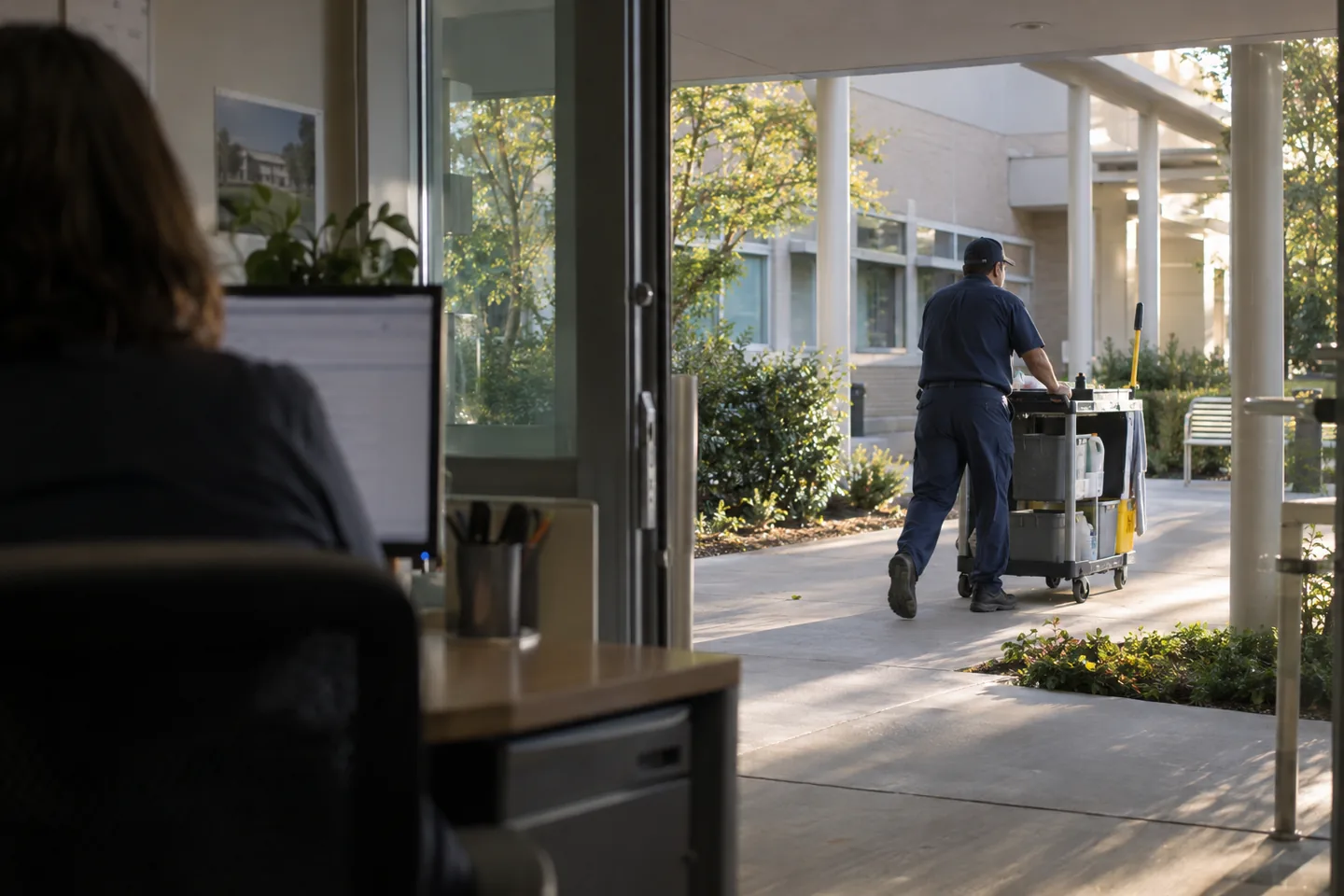 View past a facilities coordinator at a desktop workstation toward a technician pushing a service cart along a hospital campus walkway