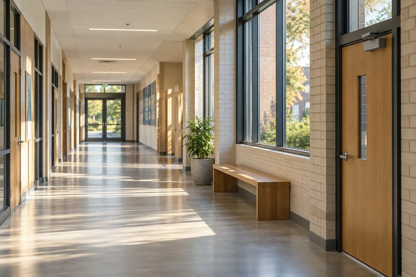Sunlit school corridor with classroom doors and a door closer