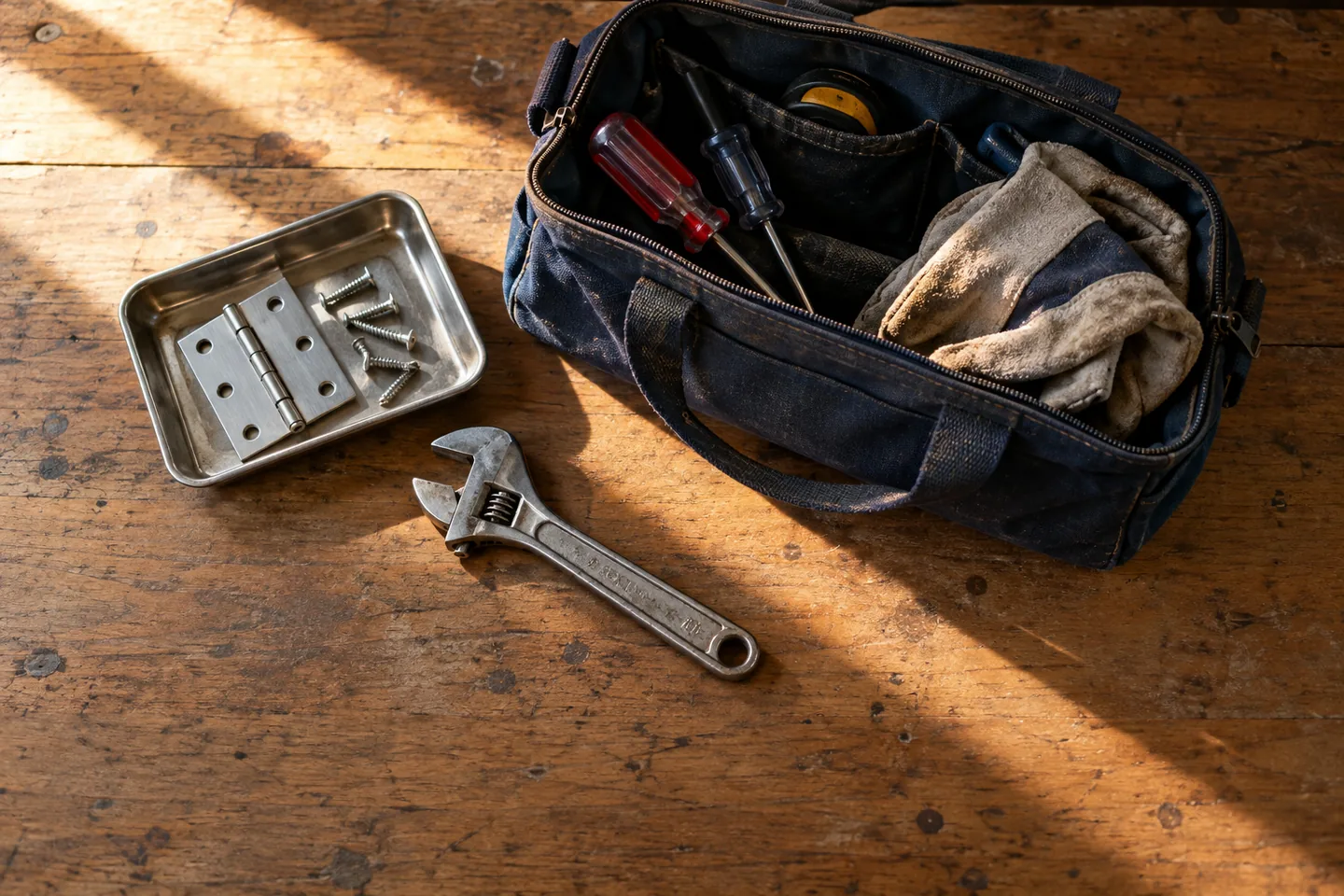 Overhead view of a prepared maintenance tool bag, replacement hinge and wrench on a sunlit wooden workbench