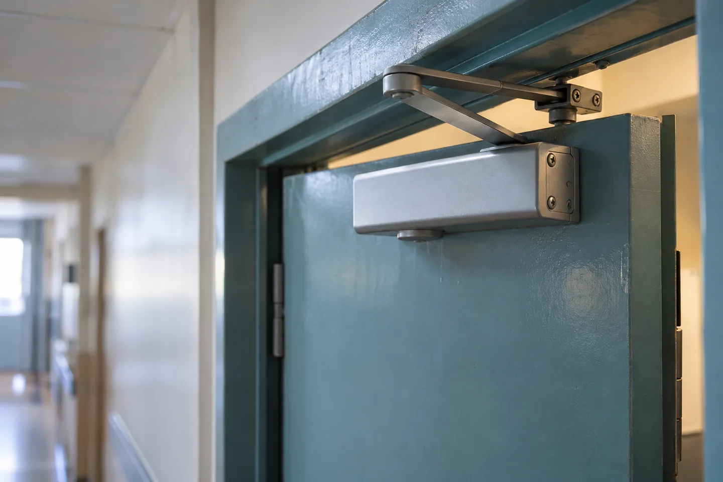 Silver overhead door closer on a teal hospital service door, with warm light beyond the frame