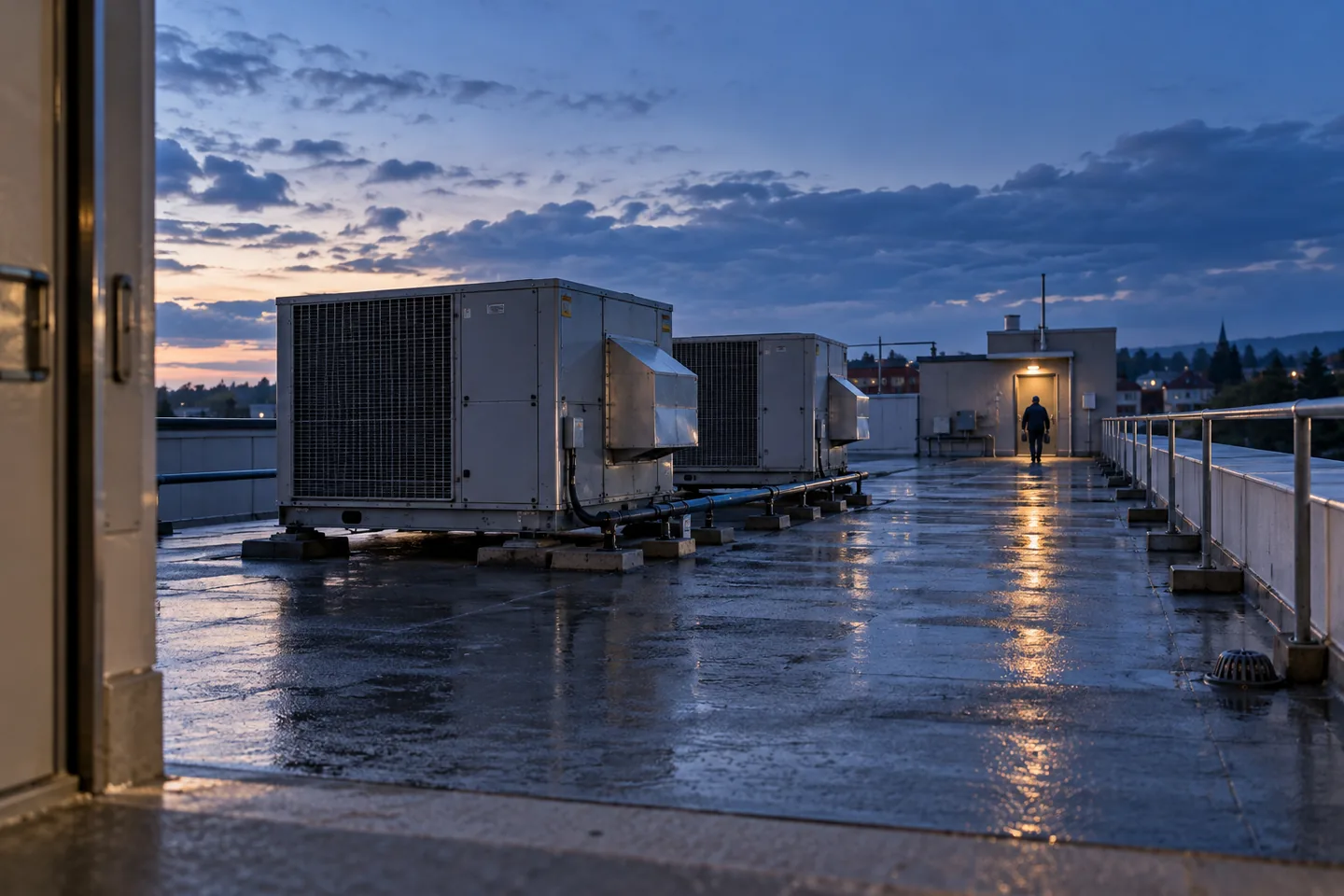 Hospital rooftop air handlers and a rain-darkened walkway at blue hour, with a distant worker near a warmly lit doorway