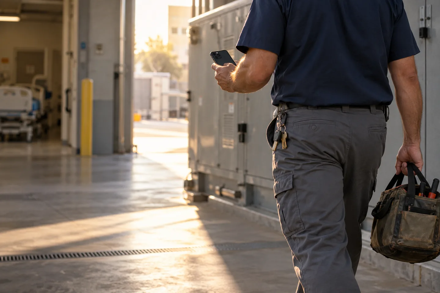 Close view of a maintenance worker carrying a phone and tool bag through a sunlit hospital service bay