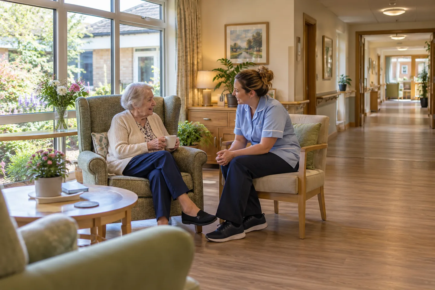 Resident and caregiver talking in a bright, accessible senior-care lounge
