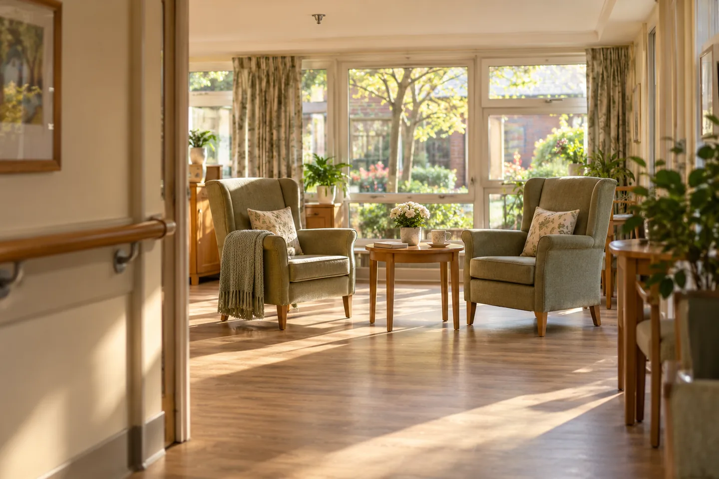 Morning sunlight in a welcoming care-home lounge with supportive armchairs, a clear walkway, and garden views