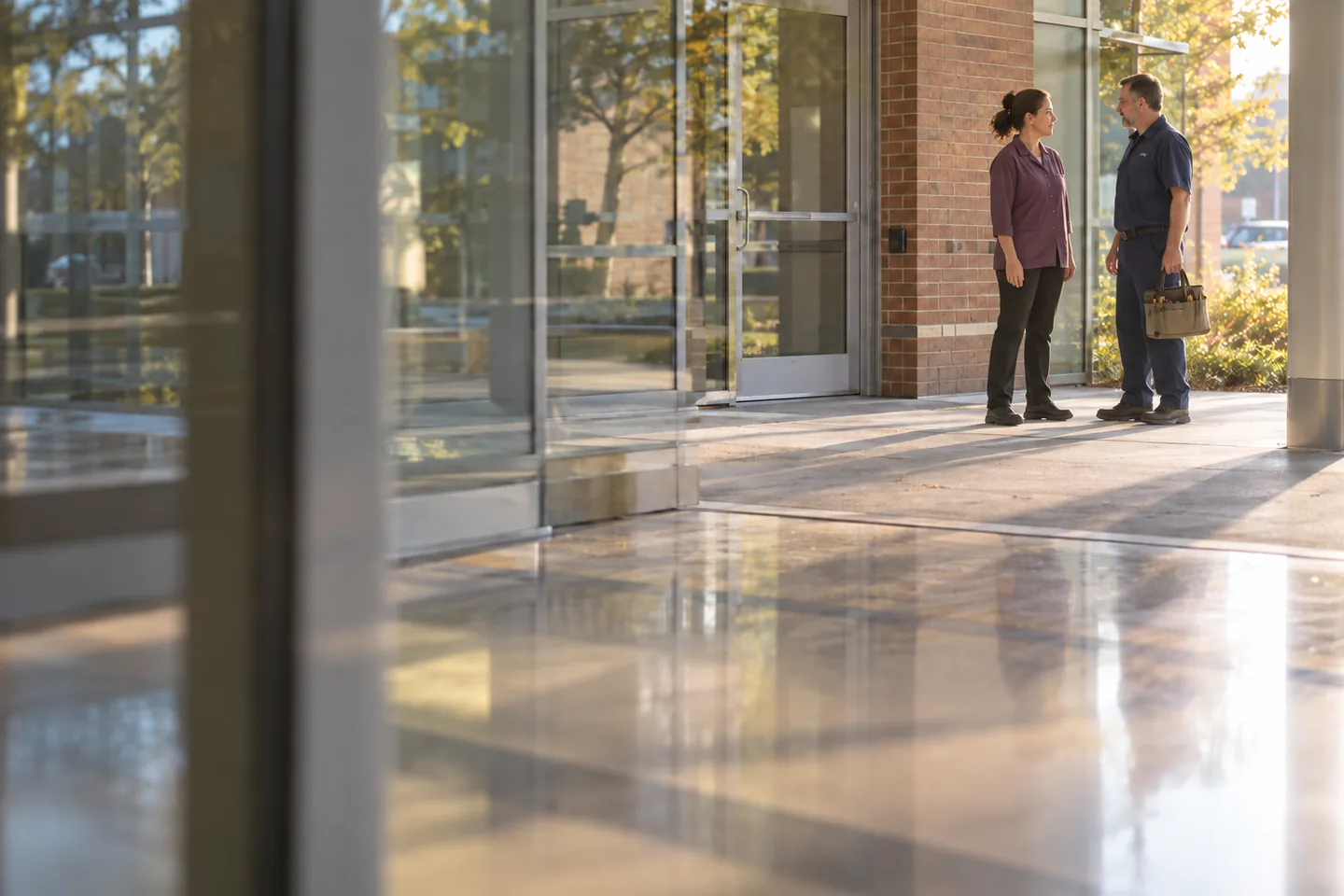 Two facilities colleagues standing and talking at a sunlit staff entrance