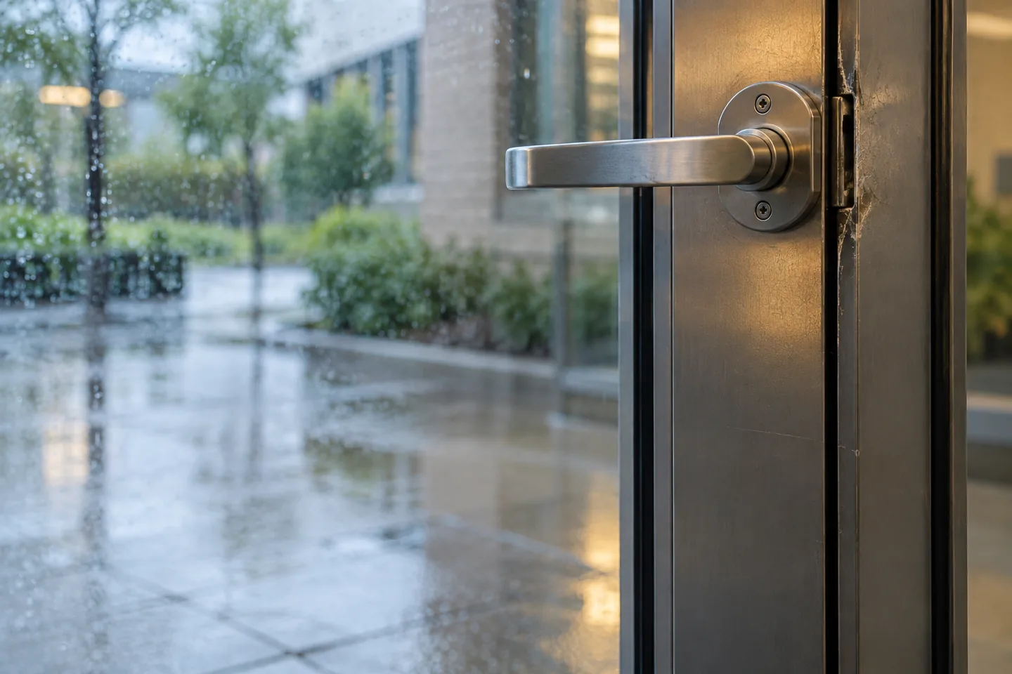 A worn entrance-door handle beside rain-speckled glass, ready to document in a service request