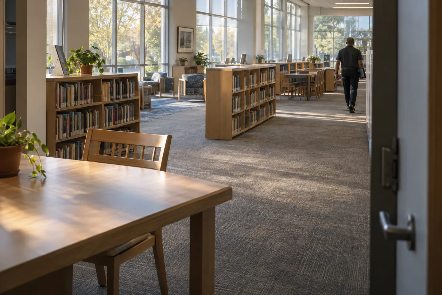 A facility team member walking through a public library with a tablet