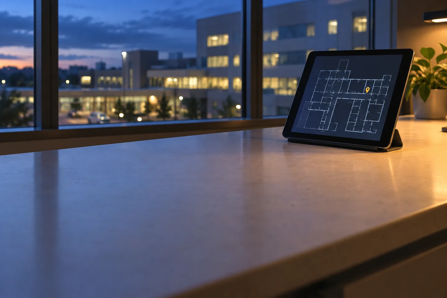 A digital building floor plan on a tablet beside a window overlooking a hospital at dusk