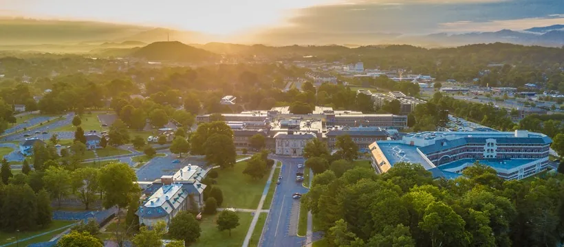 Golden-hour aerial view of the James H. Quillen VA Medical Center at Mountain Home