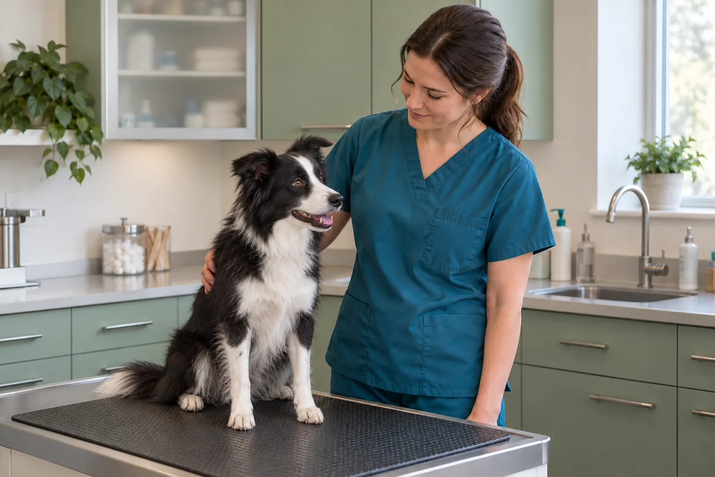 Black-and-white Border Collie with a veterinary nurse in an exam room