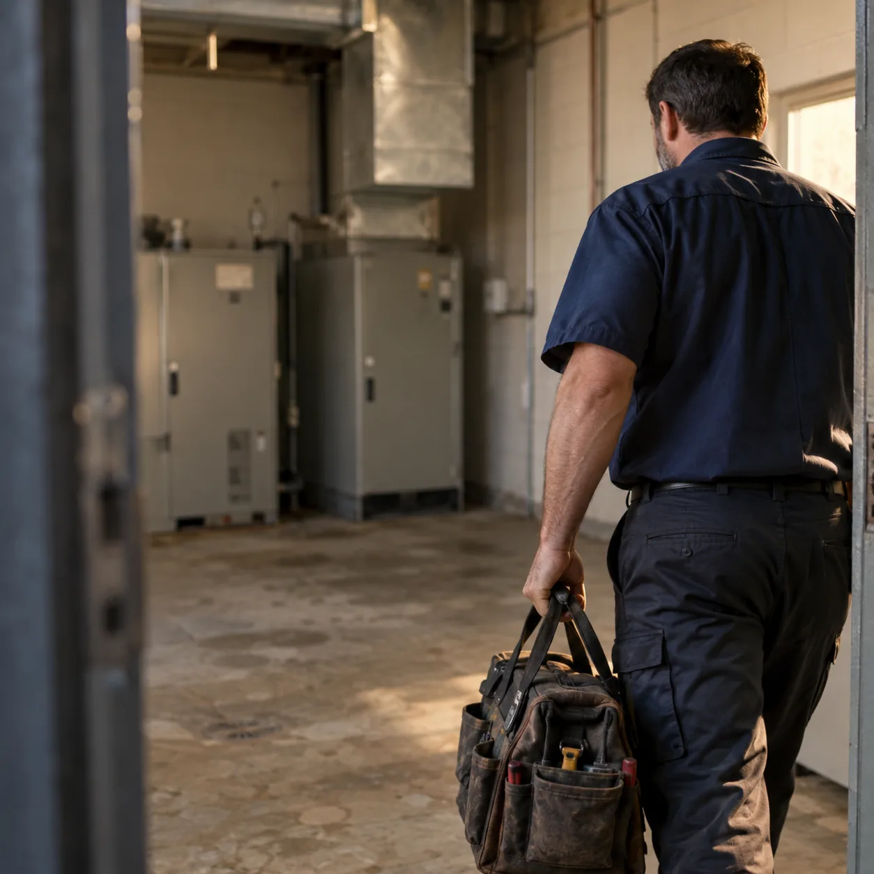 A close rear view of a maintenance technician carrying a tool bag into a softly lit equipment room